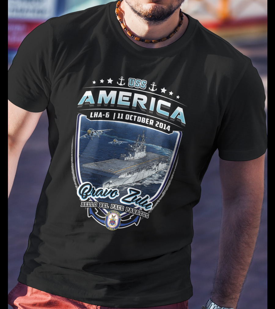 Uss America Lha-6 11 October 2014 Bravo Zulu Bello Vel Pace Paratus T-Shirt