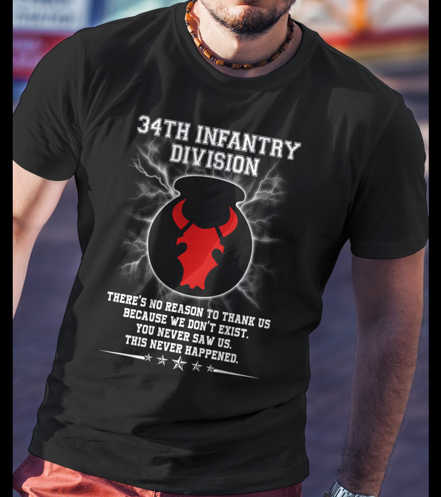 34Th Infantry Division Red Bull Skull With Lightning And Secret Message T-Shirt