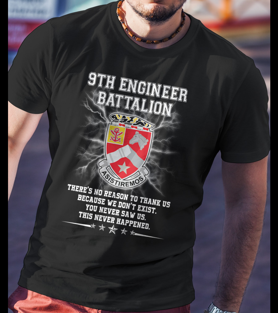 9Th Engineer Battalion Asistiremos Coat Of Arms Electric Background Never Happened T-Shirt