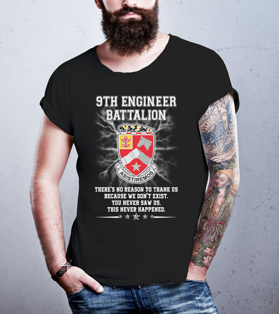 9Th Engineer Battalion Asistiremos Coat Of Arms Electric Background Never Happened T-Shirt