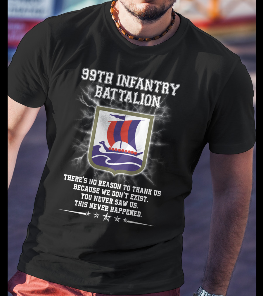 99th Infantry Battalion Viking Ship Emblem You Never Saw Us This Never Happened T-Shirt