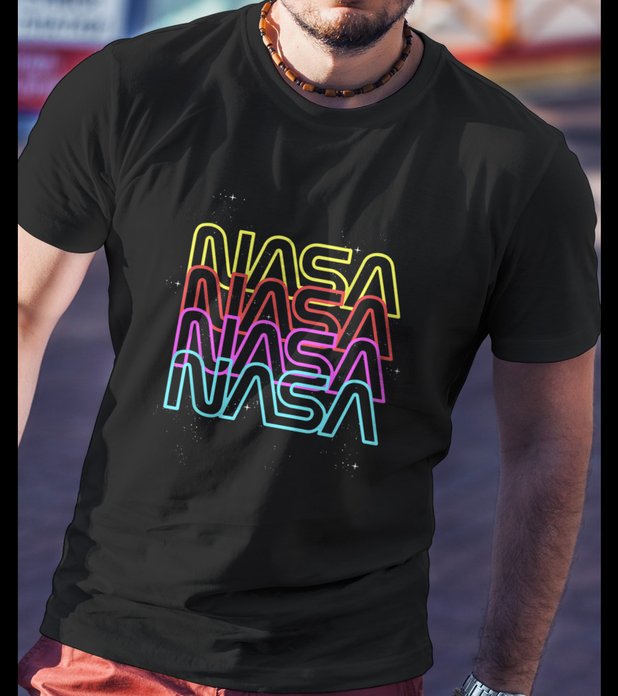 NASA Neon Rainbow Repeat Text Multicolor Stacked Space T-Shirt