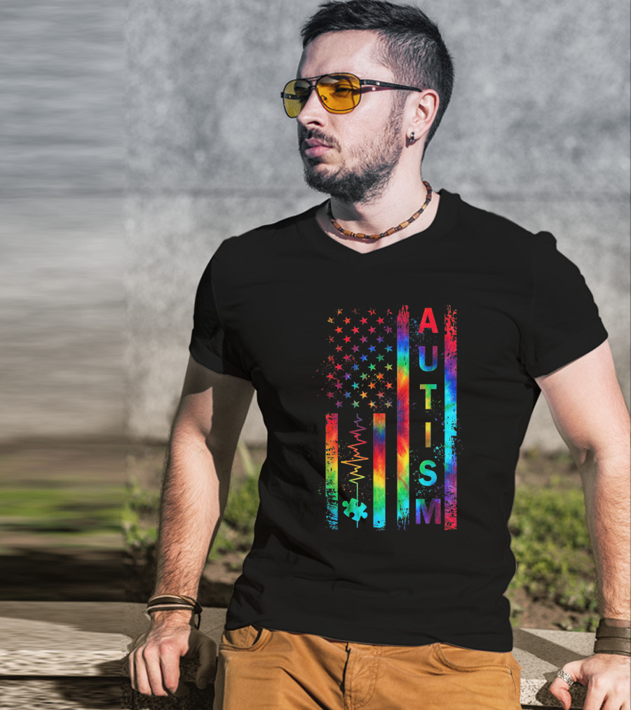 American Flag Autism Awareness Tie Dye Teacher Mom Support T-Shirt