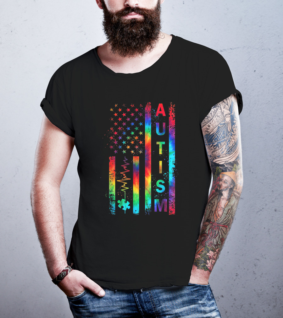 American Flag Autism Awareness Tie Dye Teacher Mom Support T-Shirt