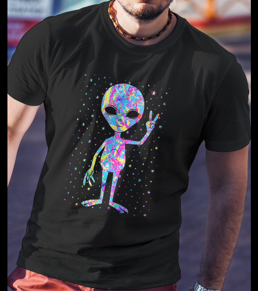 1970s Groovy Tie Dye Alien With Peace Sign T-Shirt