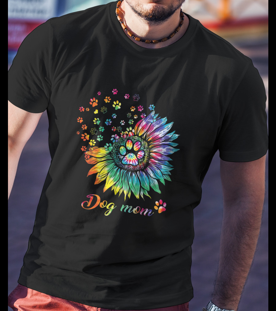 Dog Mom Tie Dye Sunflower With Paw Prints T-Shirt