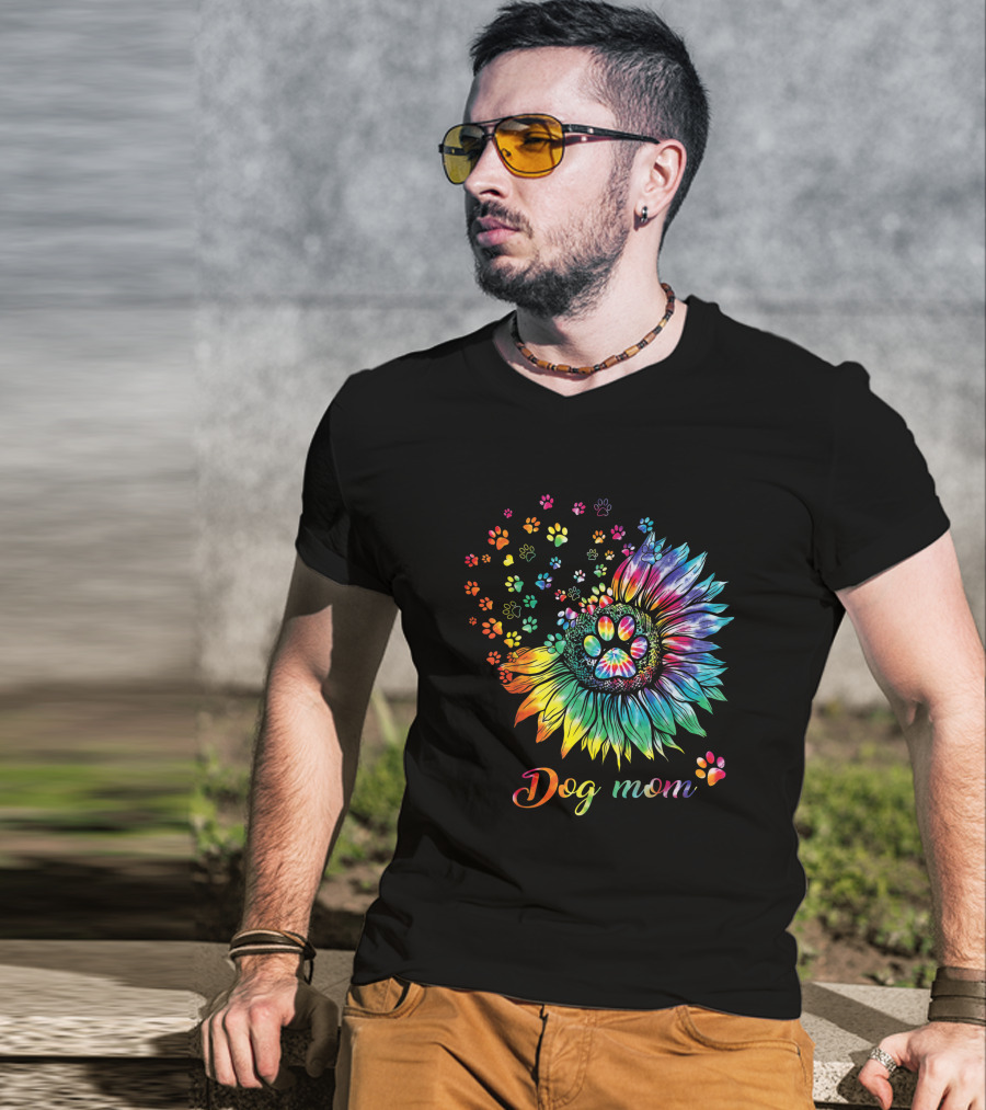 Dog Mom Tie Dye Sunflower With Paw Prints T-Shirt