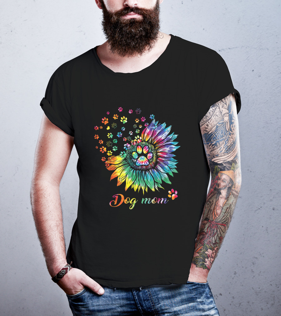 Dog Mom Tie Dye Sunflower With Paw Prints T-Shirt