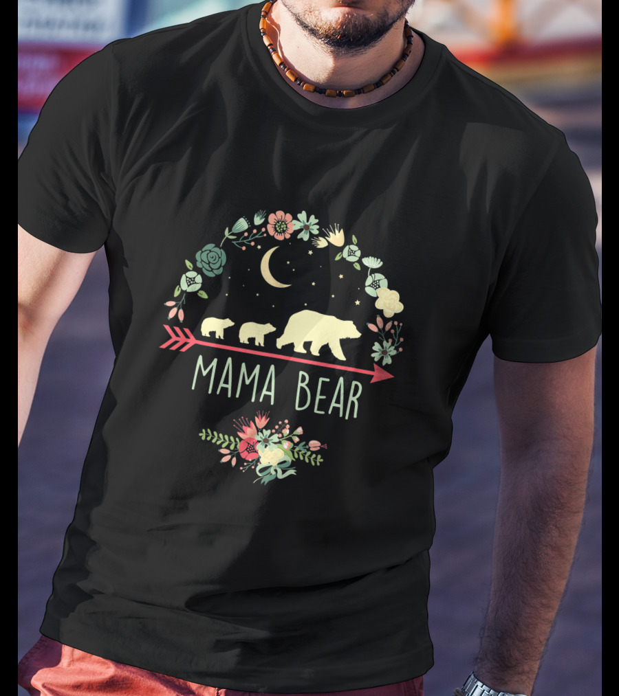 Mama Bear With Two Cubs Moon And Floral Arrow T-Shirt