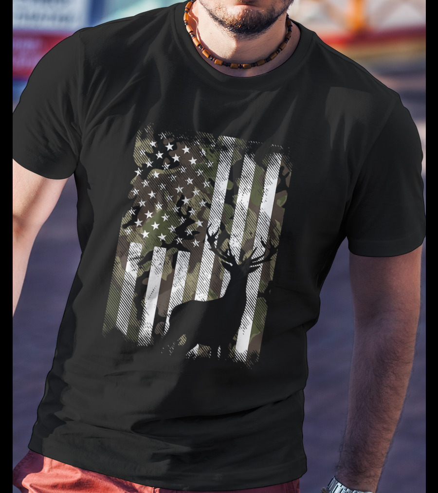 Camo American Flag With Deer Silhouette USA Hunting T-Shirt