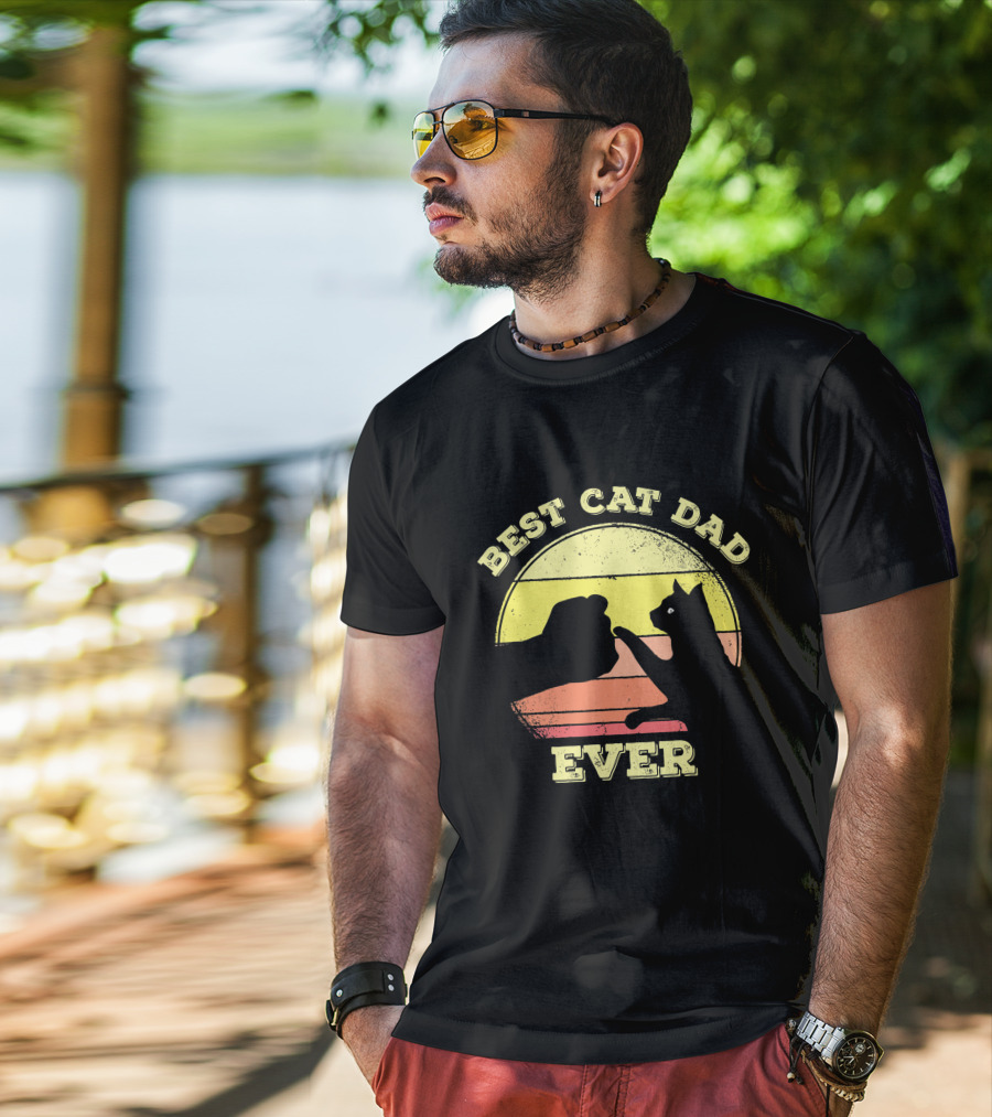 Best Cat Dad Ever Vintage Sunset Funny Cat Lover T-Shirt