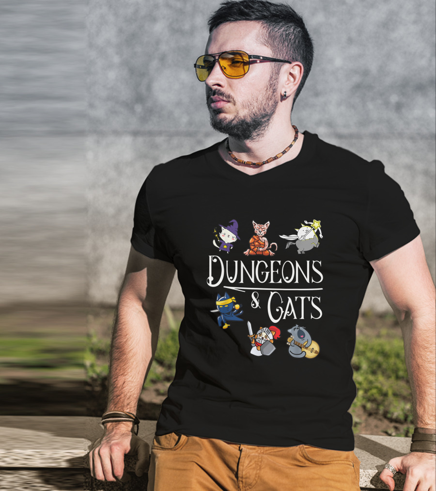 Dungeons And Cats Funny Cat Lover Cartoon Character Wizard And Warrior Adventure T-Shirt