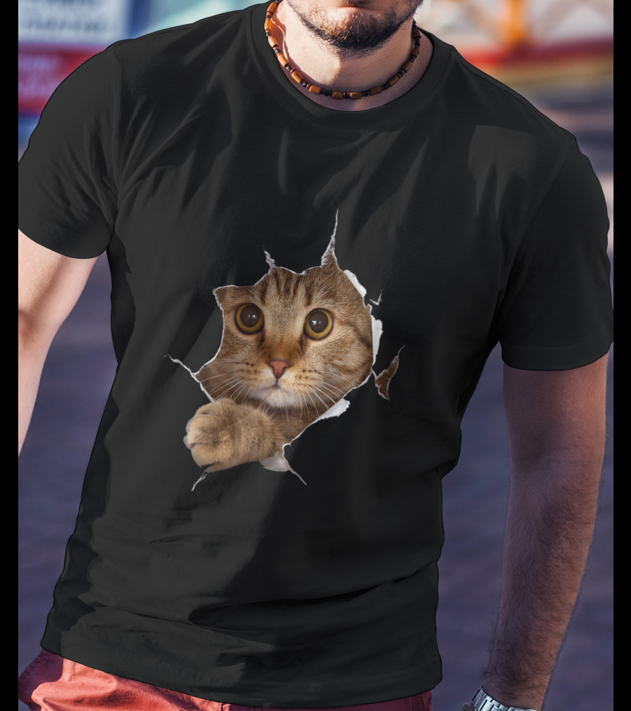 Sweet Kitten Torn Cloth Funny Cat Lover Cat Owner Cat Lady Peeking Cat Through Rip T-Shirt