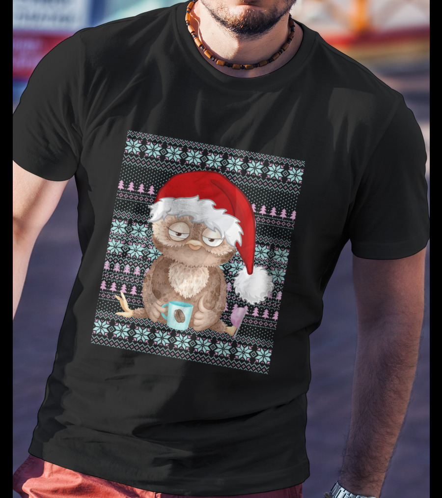 Ugly Christmas Santa Owl Coffee Lovers Christmas Costume T-Shirt