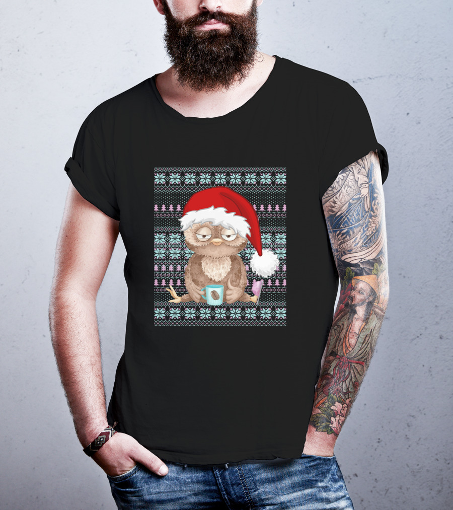 Ugly Christmas Santa Owl Coffee Lovers Christmas Costume T-Shirt