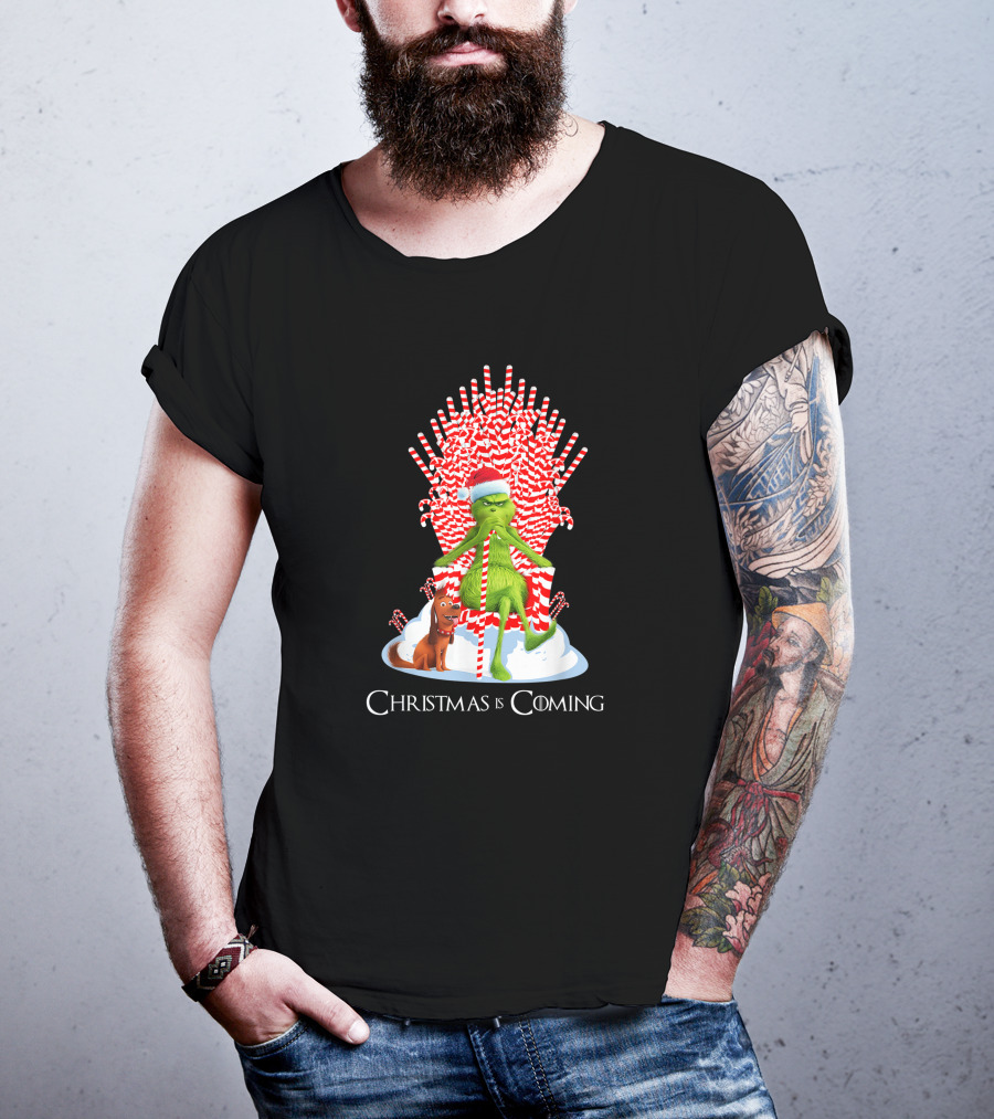Grinch Christmas Is Coming Candy Cane Throne Funny T-Shirt