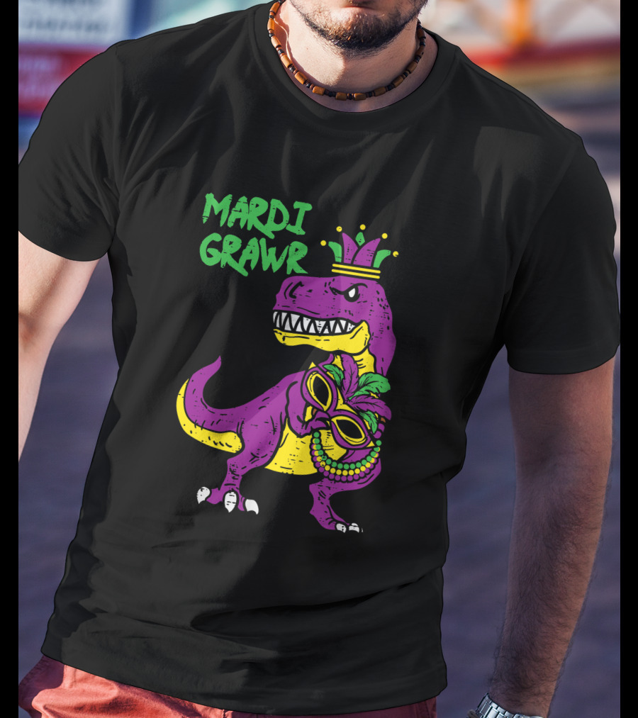Mardi Grawr Jester Trex Dinosaur With Mask And Beads T-Shirt