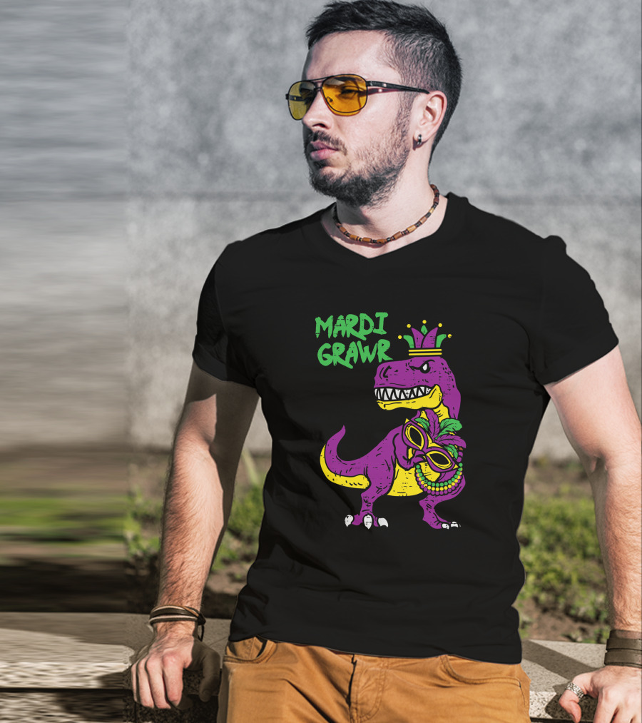Mardi Grawr Jester Trex Dinosaur With Mask And Beads T-Shirt