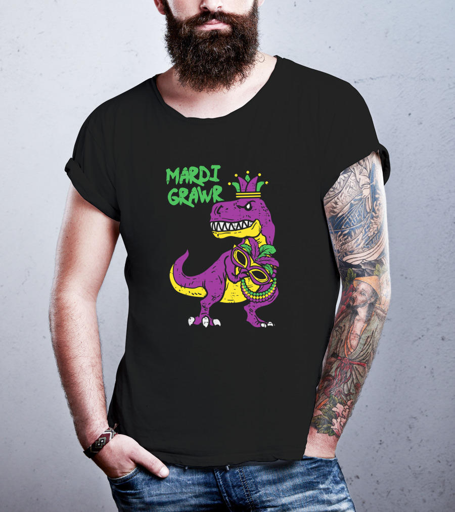 Mardi Grawr Jester Trex Dinosaur With Mask And Beads T-Shirt