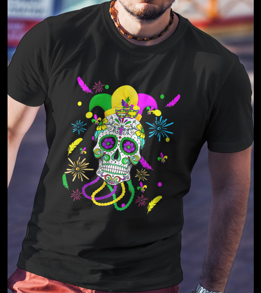 Sugar Skull Carnival Mask Jester Hat Mardi Gras Celebrations T-Shirt
