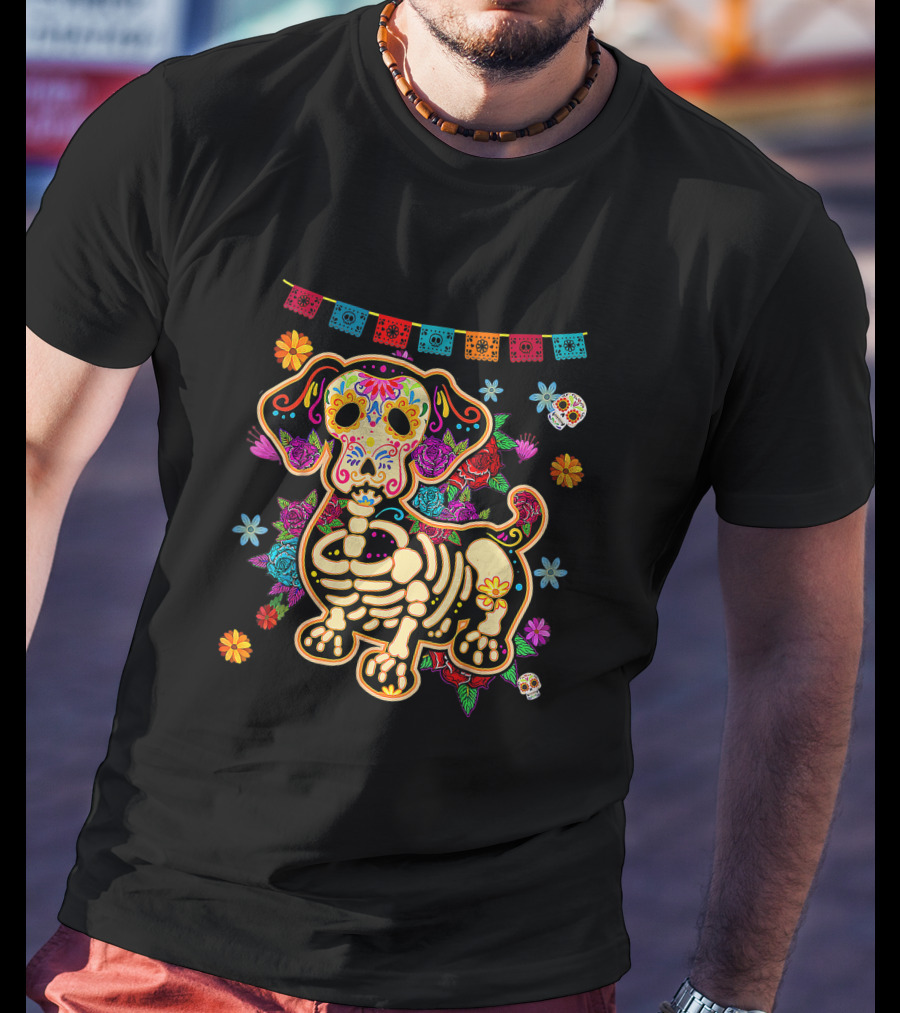 Sugar Skull Mexican Dachshund Bone Halloween Day Of The Dead Dog Skeleton Flowers T-Shirt