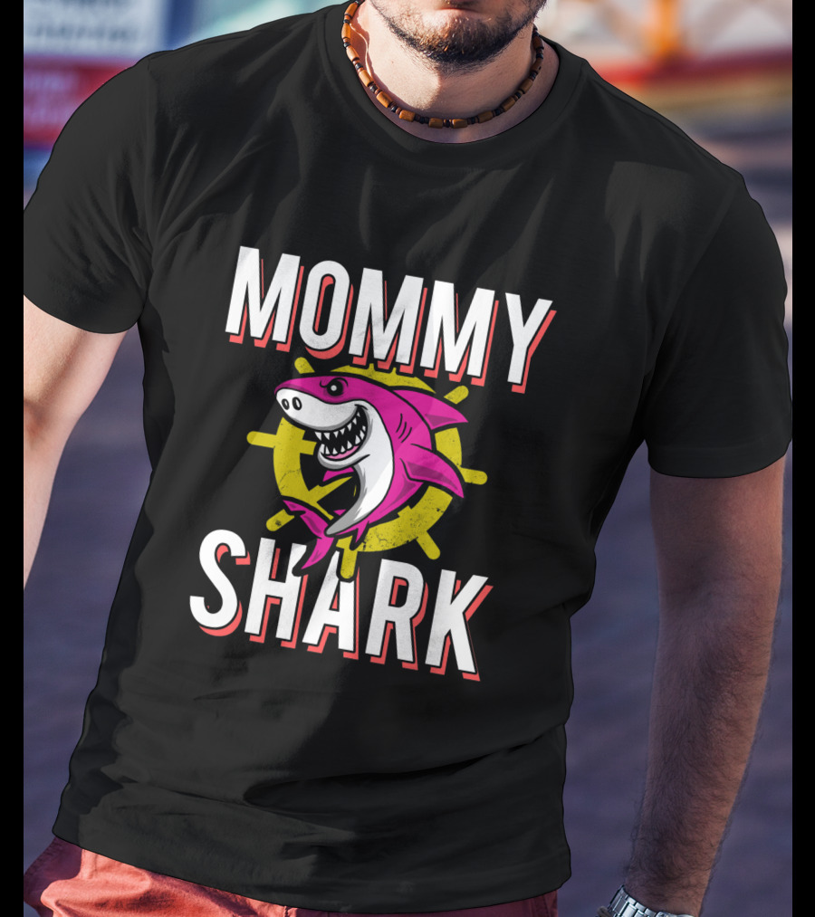 Mommy Shark Cartoon Pink Shark With Yellow Helm Background T-Shirt