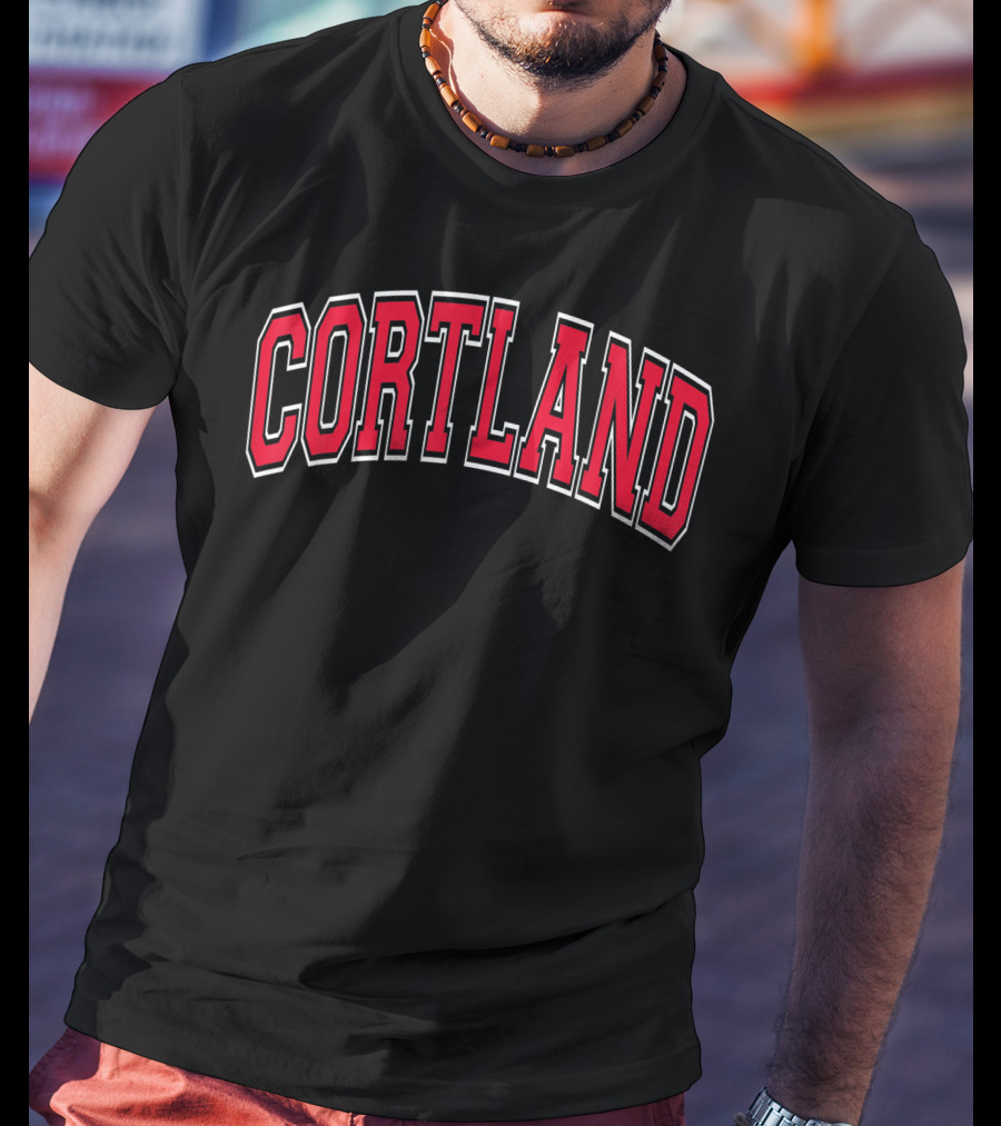 Cortland NY Varsity Style Red Arch Text Classic Athletic Look T-Shirt