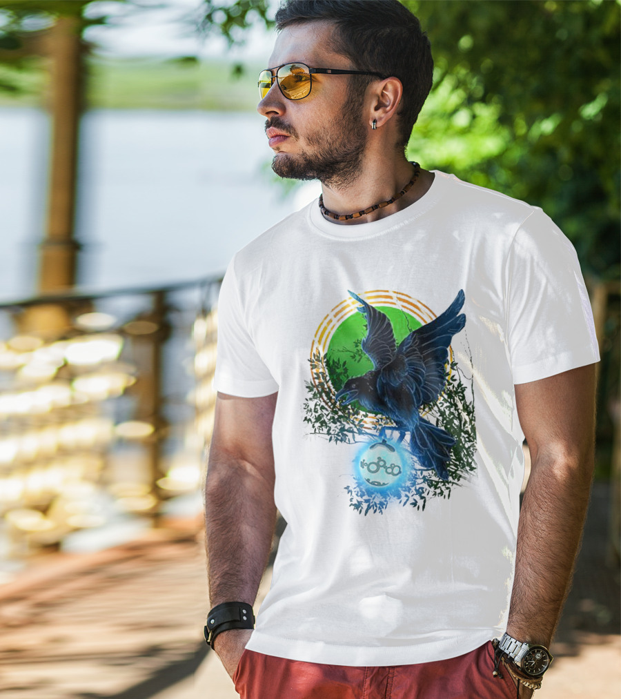 Pointcrow Raven Orb Enigma With Rings And Foliage T-Shirt