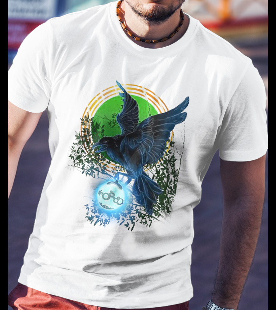 Pointcrow Raven Orb Enigma With Rings And Foliage T-Shirt
