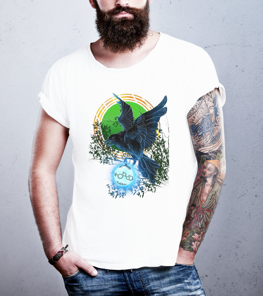 Pointcrow Raven Orb Enigma With Rings And Foliage T-Shirt