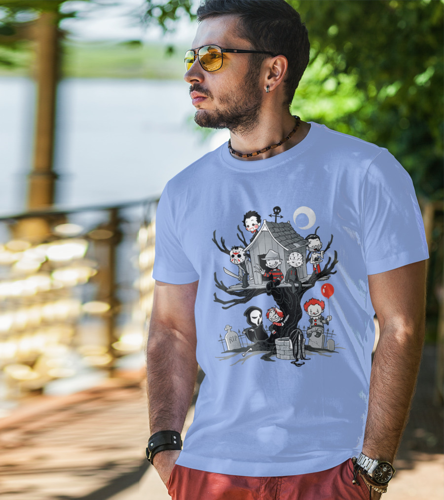 Horror Icons Treehouse Adventure With Scream Mask T-Shirt