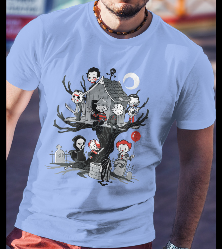 Horror Icons Treehouse Adventure With Scream Mask T-Shirt