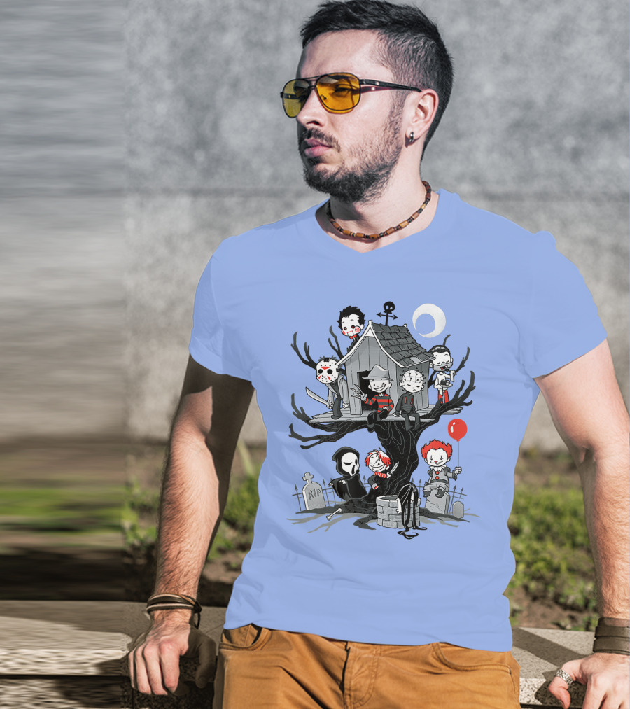 Horror Icons Treehouse Adventure With Scream Mask T-Shirt