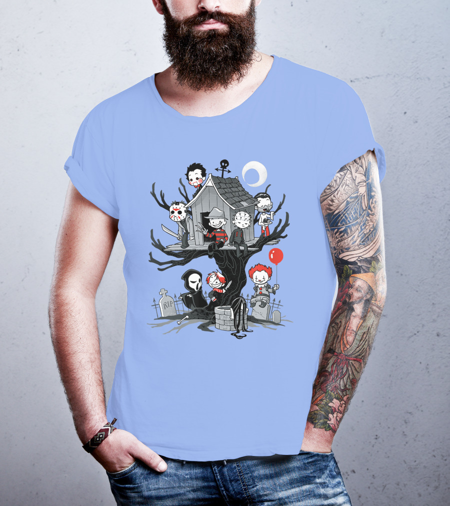 Horror Icons Treehouse Adventure With Scream Mask T-Shirt