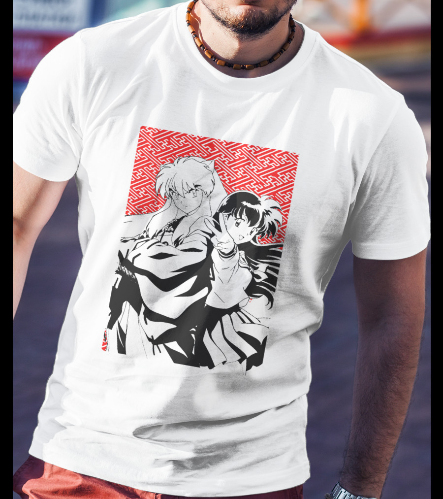 Inuyasha Kagome Classic Anime Style Red Pattern Background T-Shirt