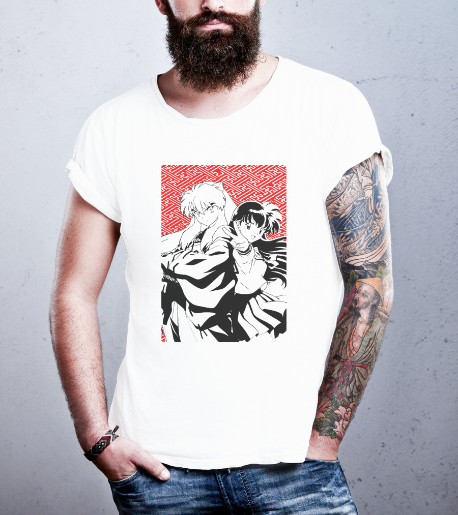 Inuyasha Kagome Classic Anime Style Red Pattern Background T-Shirt