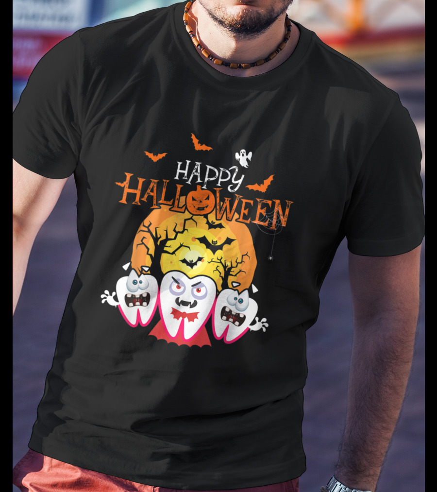 Happy Halloween Scary Dental Teeth With Cracked Moon And Bats T-Shirt