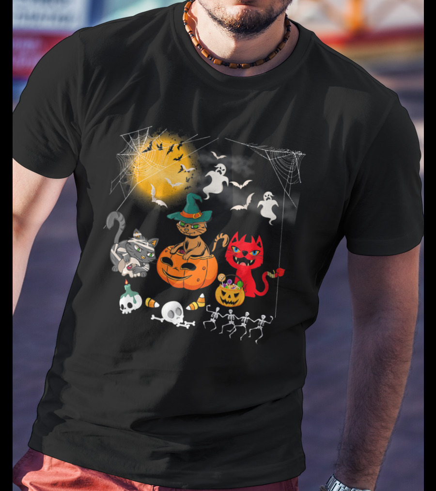 Halloween Funny Cat Lover With Witch Cat And Devil Cat T-Shirt