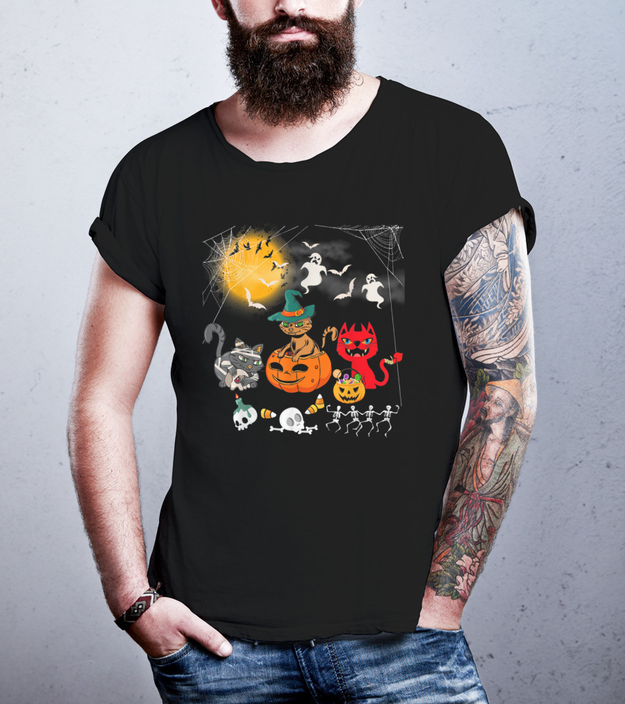 Halloween Funny Cat Lover With Witch Cat And Devil Cat T-Shirt