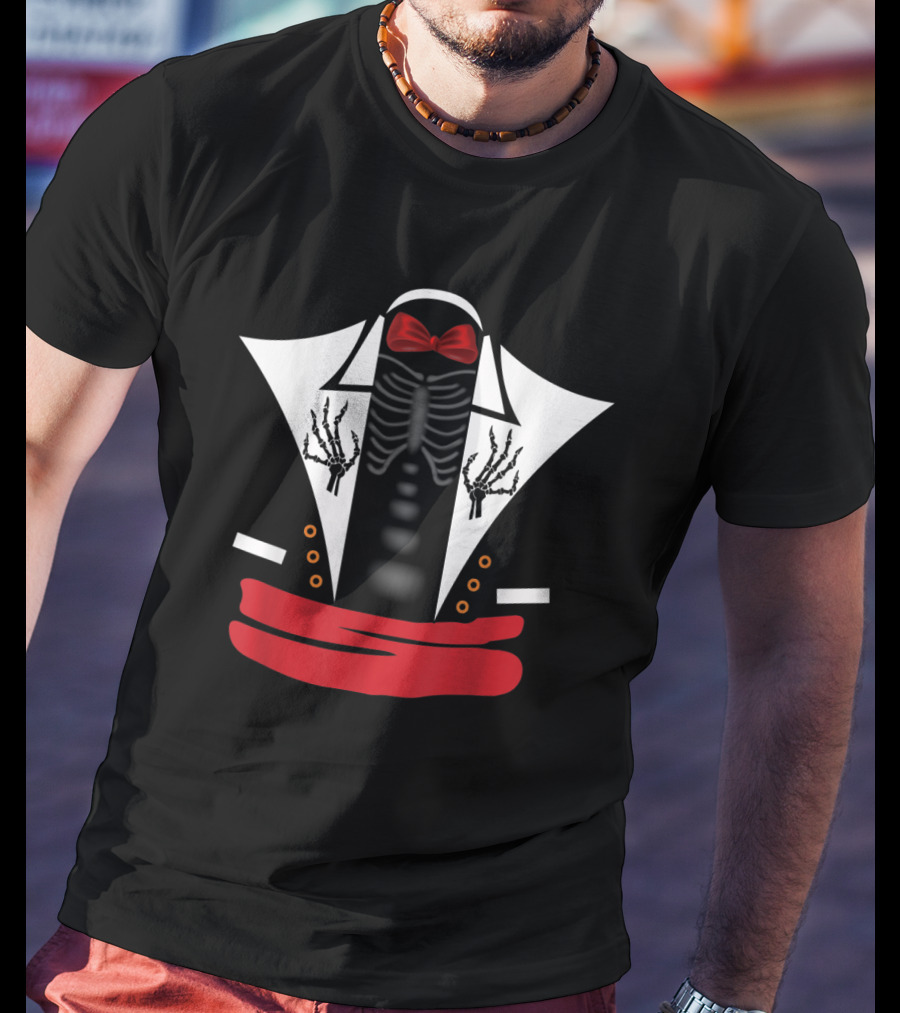 Dia De Los Muertos Skeleton Tuxedo Costume With Red Bow Tie And Sash T-Shirt