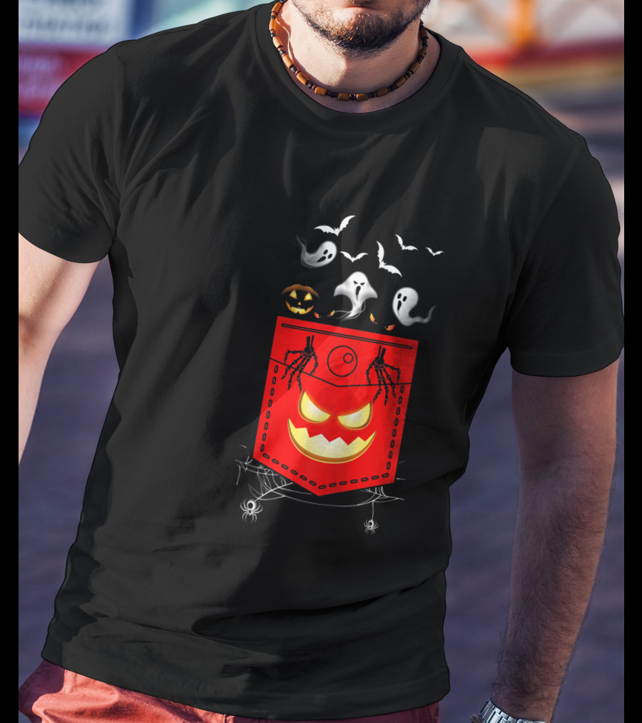 Halloween Costume Ghosts Peeking Pocket Pumpkin Bats Skeleton Spiders T-Shirt