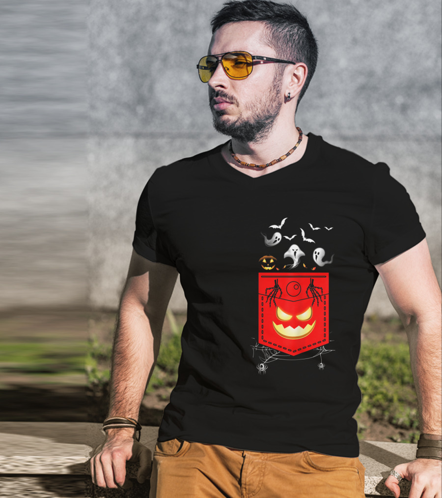 Halloween Costume Ghosts Peeking Pocket Pumpkin Bats Skeleton Spiders T-Shirt