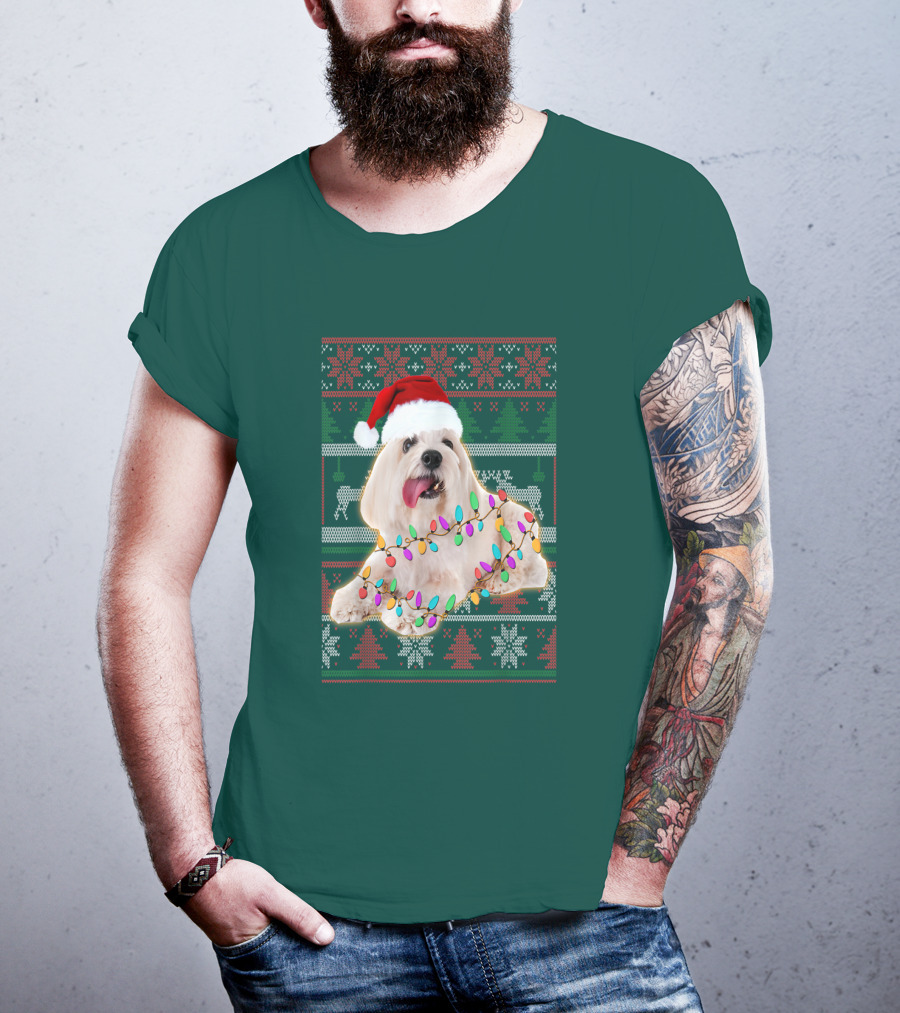 Coton De Tulear Holiday Lights Christmas Sweater Santa Hat T-Shirt