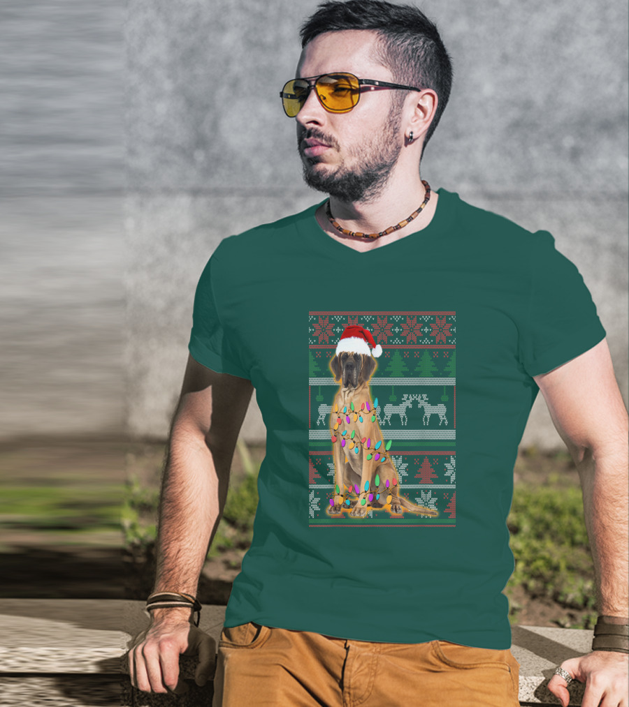 Great Dane Christmas Santa Hat Lights Reindeer Holiday T-Shirt