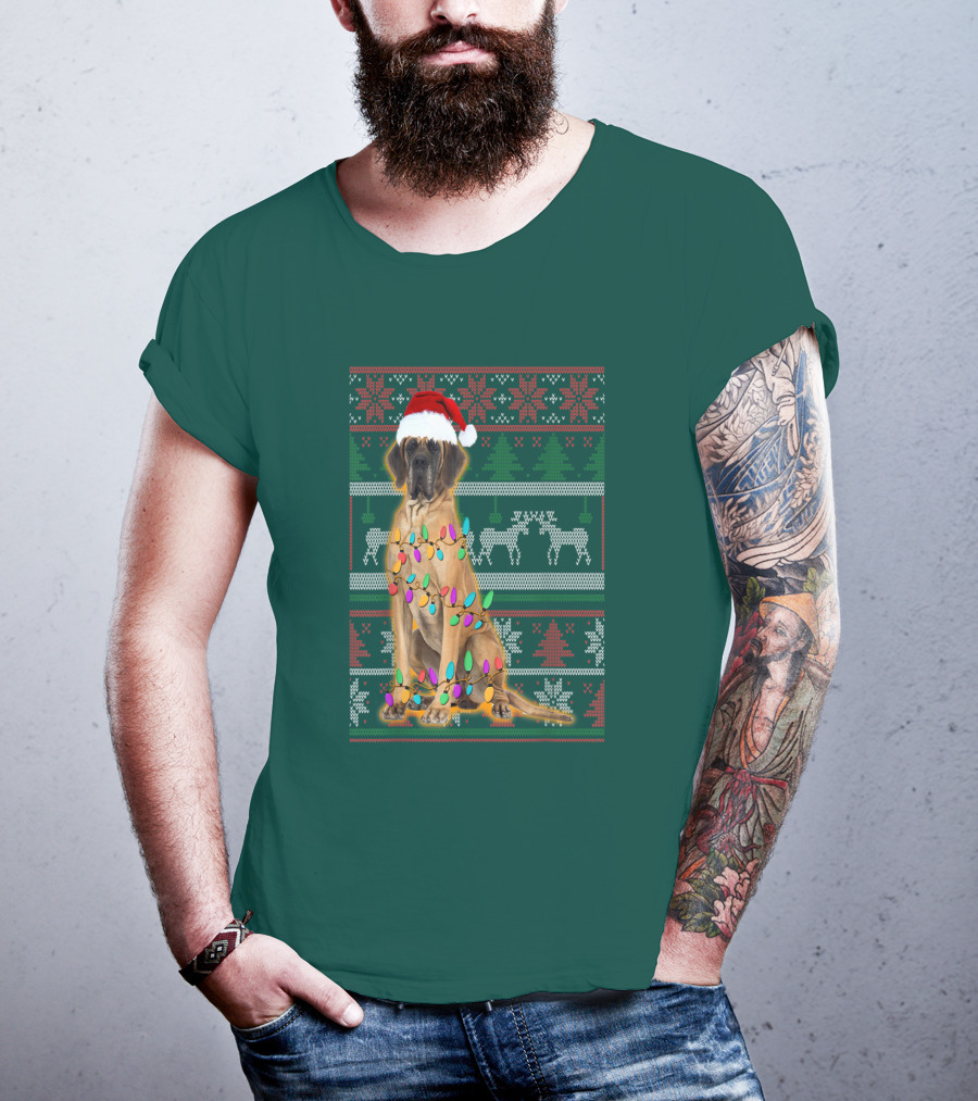 Great Dane Christmas Santa Hat Lights Reindeer Holiday T-Shirt