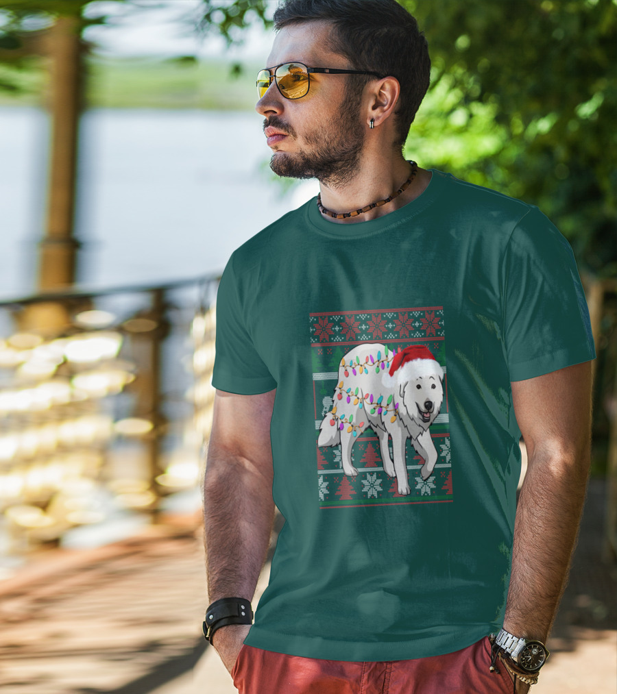 Great Pyrenees Christmas Lights And Santa Hat Holiday T-Shirt