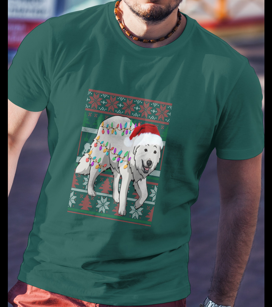 Great Pyrenees Christmas Lights And Santa Hat Holiday T-Shirt