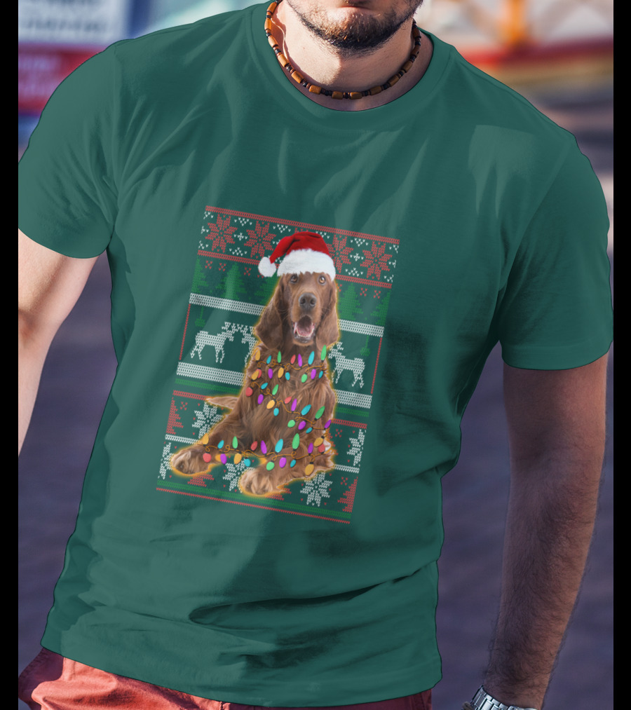 Christmas Irish Setter Reindeer Santa Hat Lights T-Shirt