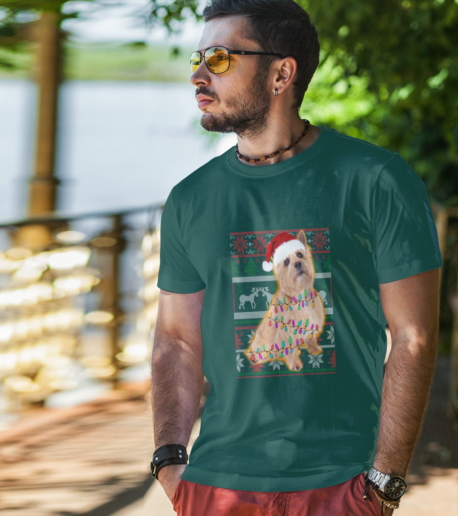 Norfolk Terrier Christmas Lights Sweater Santa Hat T-Shirt