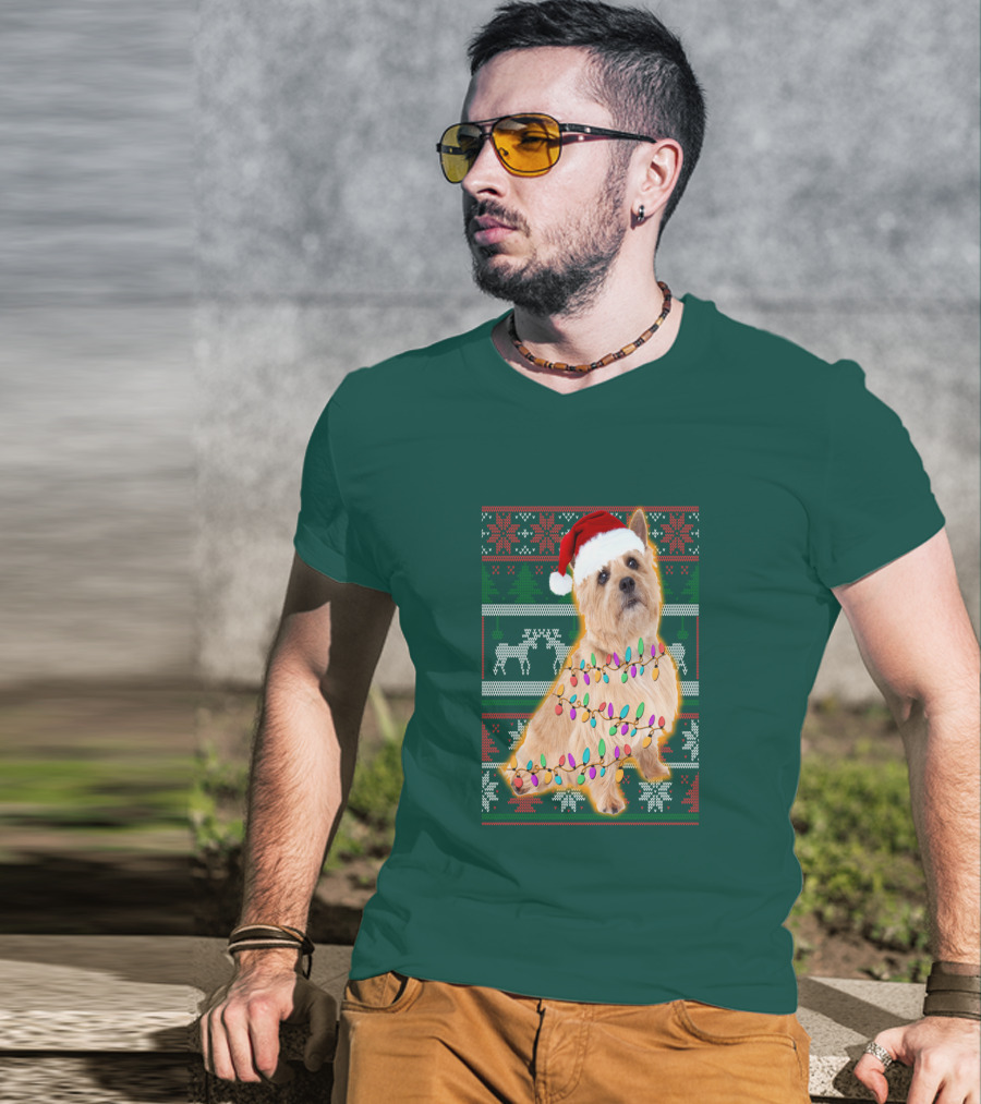 Norfolk Terrier Christmas Lights Sweater Santa Hat T-Shirt